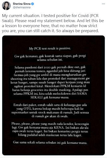 Cerita Sherina, Positif Covid-19 meski Tak Keluar Rumah. Sumber: gambar diambil dari akun Twitter resmi Sherina Sinna. 